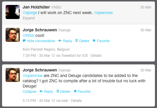 sceenshot of tweets between @h0lzi and @sjorge about adding a ZNC package to OpenCSW